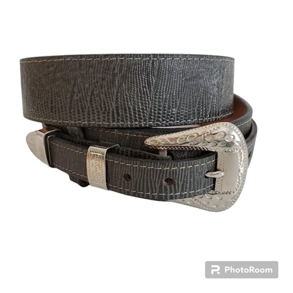 Vtg Gray Lizard Grain Cowhide Leather Ranger Western Belt Silver Sz 34 USA NWOT - Picture 2 of 11
